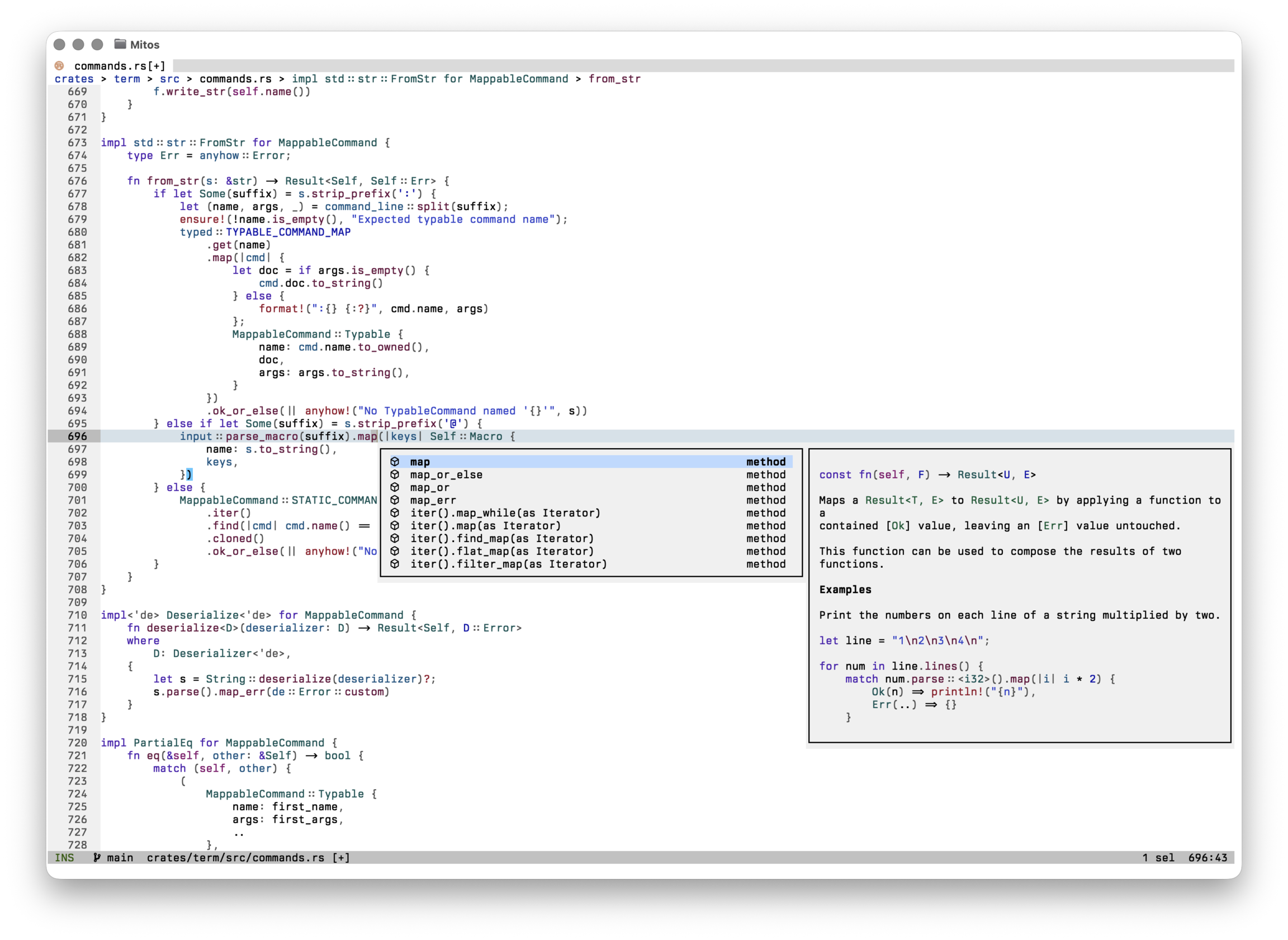 Mitos editing Rust code with completion suggestions and documentation