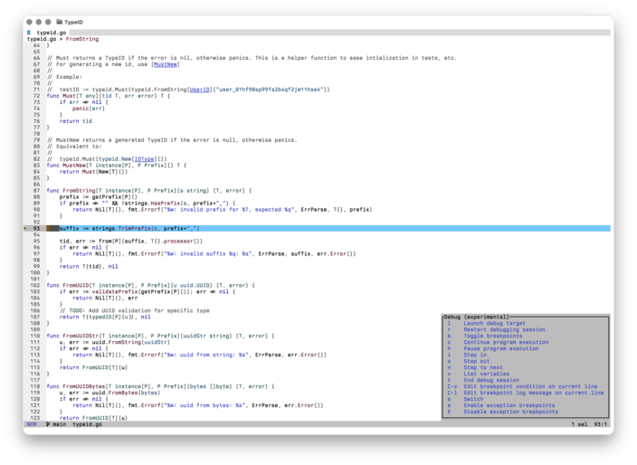 Mitos paused in Go code with the debugging command menu open
