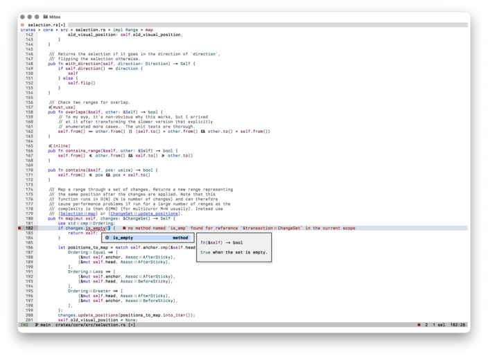 Rust completion suggestions, documentation, and an inline diagnostic