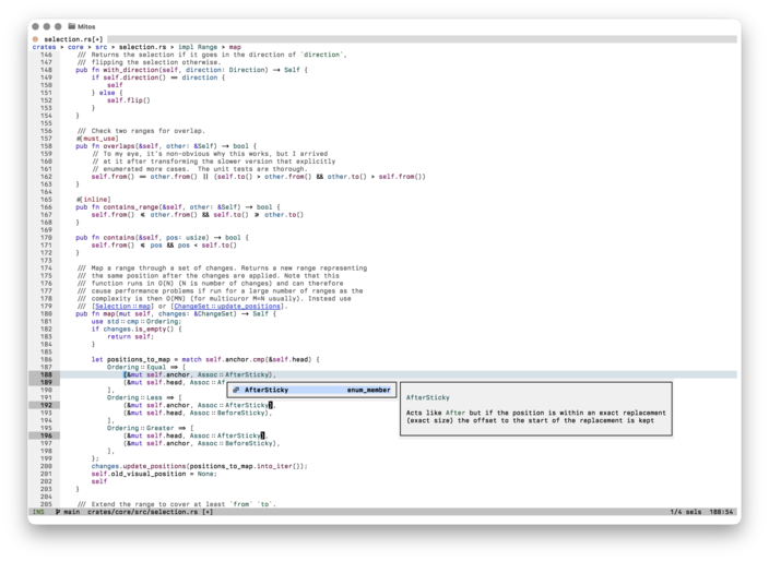 Mitos editing Rust code with four selections