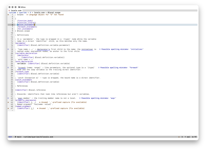 Syntax highlighting and bracket matching in a tree-sitter query